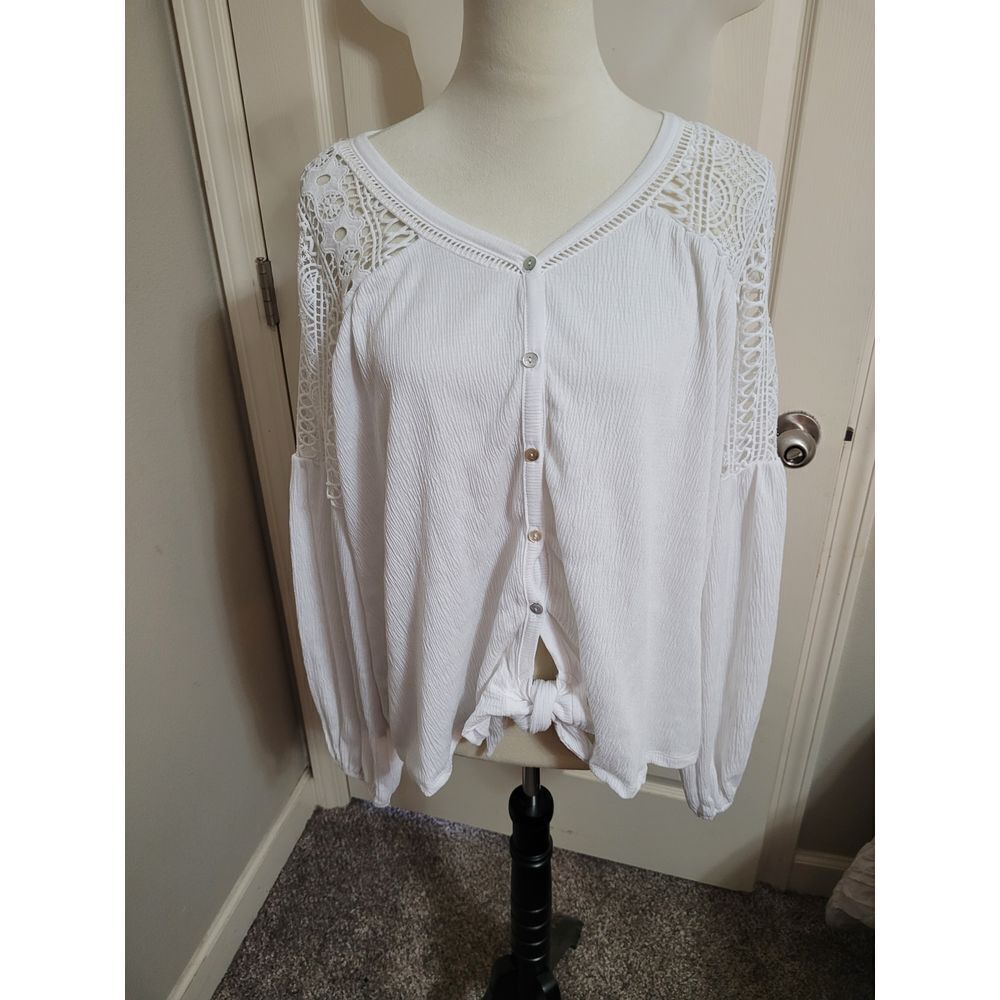 Whimsical White Crochet Lace Boho Blouse with Long Sleeves‎ and Button Details